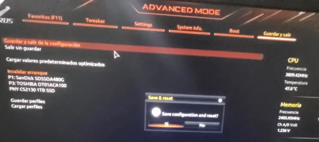 guardar cambios en la bios